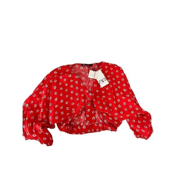 Zara red front tie floral crop blouse size medium NWT - Picture 3 of 9